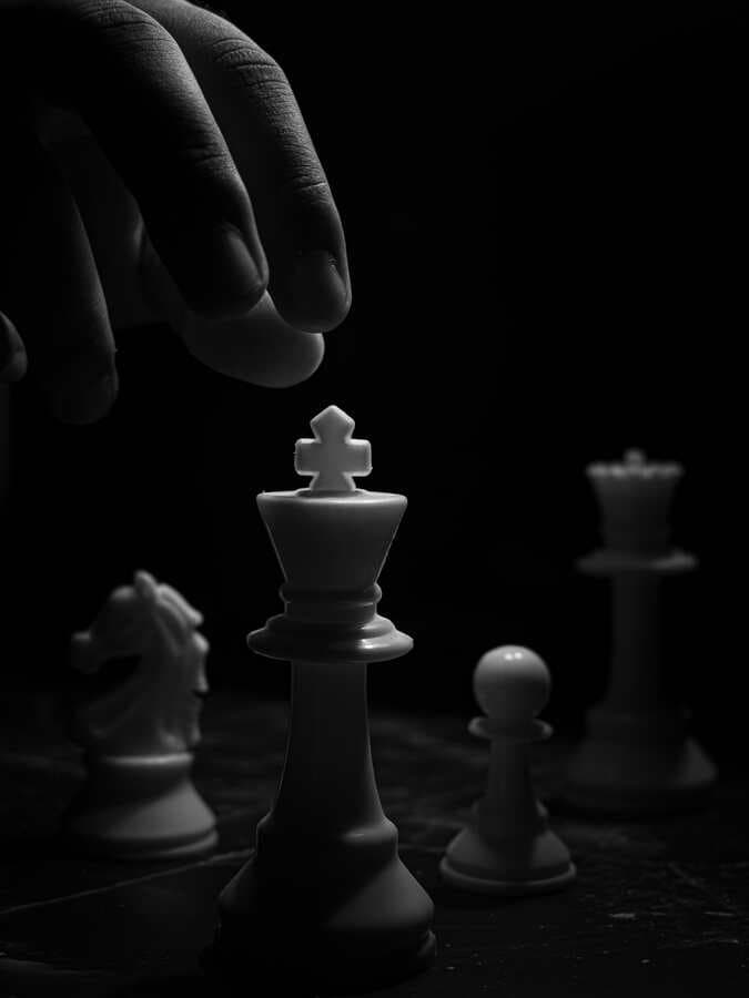 Black and white chess pieces on a board